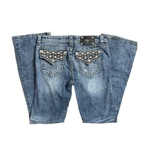 Miss Me Bootcut Jeans Floral Embellished Flap Pockets Mid Rise 30